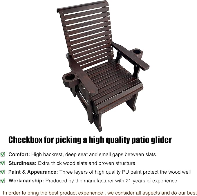 Fortune Candy Wooden Patio Glider for One Person, with High Backrest and Deep Contoured Seat, Solid Fir Wood - Photo 3