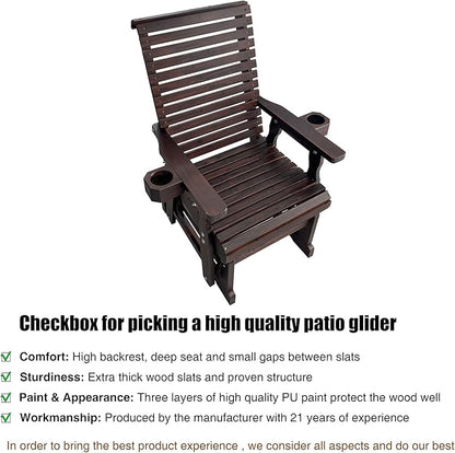 Fortune Candy Wooden Patio Glider for One Person, with High Backrest and Deep Contoured Seat, Solid Fir Wood, Heavy Duty 600 Pounds (Deep Brown, 1-Seater)