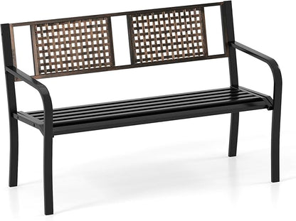Tangkula 50” Outdoor Metal Park Bench, Outdoor Garden Bench for 2-3 People with Rattan-Like Backrest & Curved Armrests, Heavy-Duty Patio Modern Slatted Seating for Backyard, Poolside, Porch