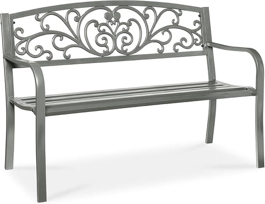 Best Choice Products Outdoor Bench Steel Garden Patio Porch Furniture for Lawn, Park, Deck w/Floral Design Backrest, Slatted Seat - Gray