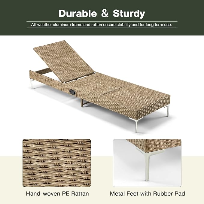 HOMREST Outdoor Chaise Lounge Chair Set of 4, Patio Wicker Lounge Chairs with Adjustable Backrest, Rattan Pool Sunbathing Chaiser with Removable Cushion (Khaki)