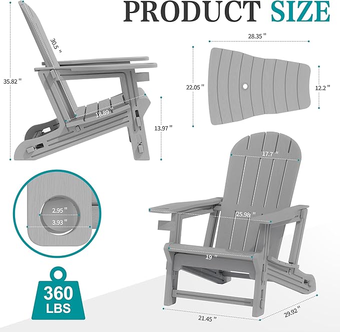 JY QAQA Outdoor Adirondack Chair Set of 2, All-Weather HDPE Patio Furniture with Detachable Table, Wood Texture & Cup Holder for Patio, Poolside, Garden, Light Grey