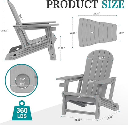 JY QAQA Outdoor Adirondack Chair Set of 2, All-Weather HDPE Patio Furniture with Detachable Table, Wood Texture & Cup Holder for Patio, Poolside, Garden, Light Grey