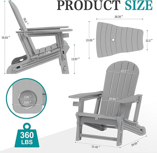 JY QAQA Outdoor Adirondack Chair Set of 2, All-Weather HDPE Patio Furniture with Detachable Table, Wood Texture & Cup Holder for Patio, Poolside, Garden, Light Grey
