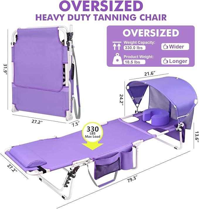 Oversized Extra Wide Tanning Chair with Sun Canopy Face Hole Padded Adjustable Washable - Photo 2