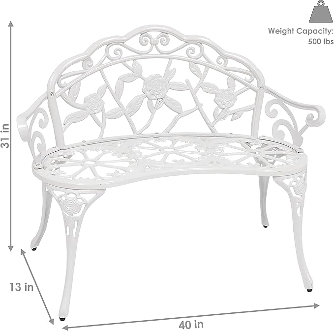 Sunnydaze 2-Person Classic Rose Cast Aluminum White Outdoor Garden Bench