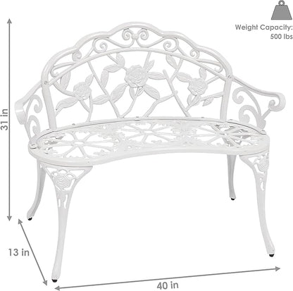 Sunnydaze 2-Person Classic Rose Cast Aluminum White Outdoor Garden Bench
