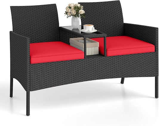 HAPPYGRILL Outdoor Rattan Loveseat, 2-Seat Patio Conversation Set with Built-in Coffee Table, Cushions, Wicker Bench Furniture for Backyard, Garden, Balcony, Porch (Red)