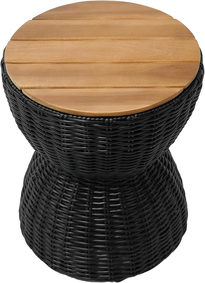 Christopher Knight Home Denhill 15.25" Outdoor Side Table, Round Patio End Table with Wood Top and Wicker Base, Small Outdoor Coffee Table for Balcony Garden, Accent Garden Stool, Black+Natural