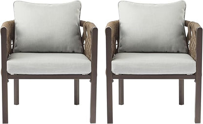 Christopher Knight Home Lena Patio Club Chairs Set of 2, Metal Accent Chairs, Rope Woven Backrest Armchair, Upholstered Cushions Seating, Tub Back Design for Backyard Garden, Brown+Light Gray