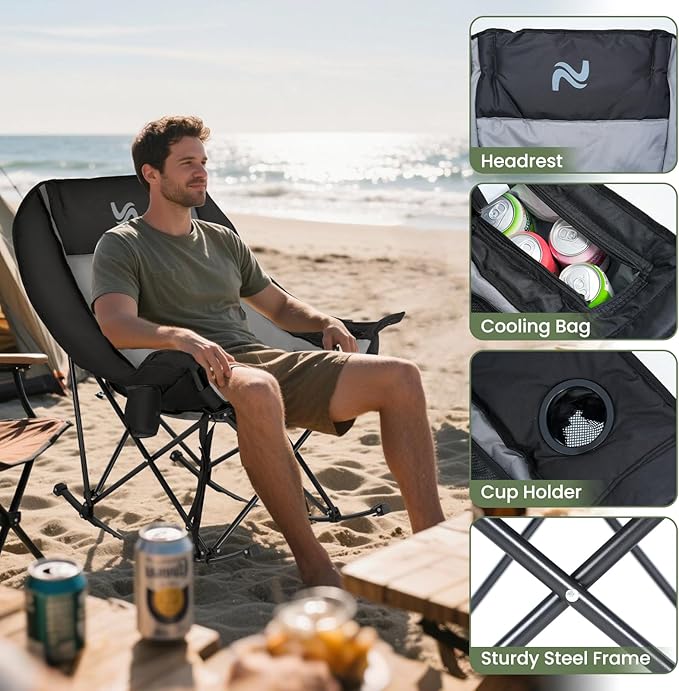 ABORON Oversized Rocking Camping Chair for Adults, Fully Padded Folding Outdoor Lawn Chair with Cooler Bag & Side Pocket, Portable Recliner Chair for Camp, Patio, Backyard, Supports 400 lbs