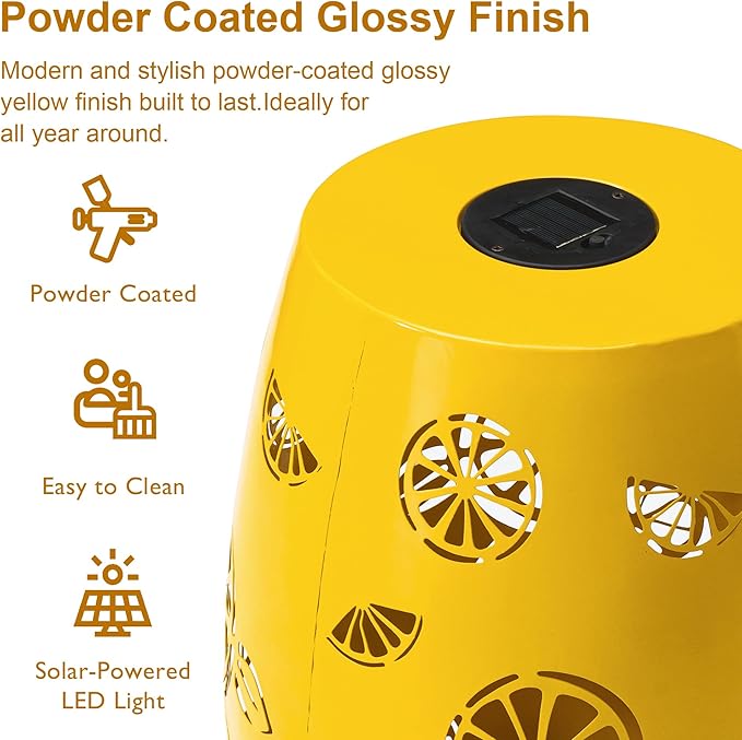 Glitzhome Set of 2 Outdoor Side Table with Lemon Pattern Solar Powered Light, 18.25" H Iron Cutout Drum Garden Stool Solar Decorative Lanterns, Metal End Table Plant Stand for Indoor Outdoor, Yellow