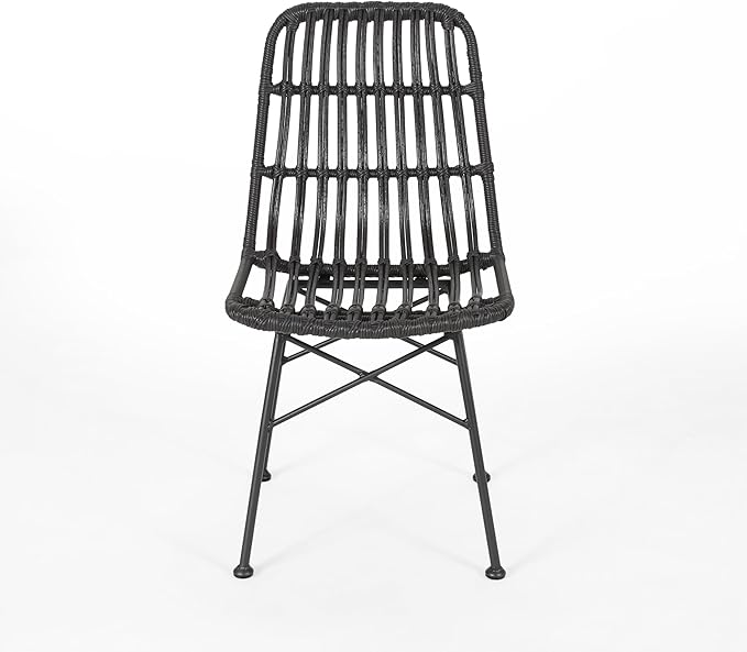 Christopher Knight Home Poppy Rattan Outdoor Dining Chairs Set of 2, Sturdy Metal Frame Patio Dining Chair Set for Backyard/Poolside, Slatted Armless Garden Chair, Sleek Open-Weave Design, Grey