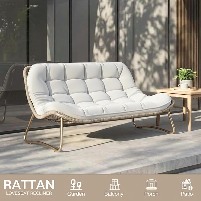 Kingdura Outdoor Wicker Papasan Egg Chair, Outdoor Loveseat, 2 Seater Oversized Patio Lounge Recliner with Thick Cushion, All-Weather Comfy Chaise Chair for Balcony, Porch, Pool & Indoor, Beige