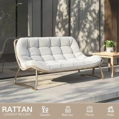 Kingdura Outdoor Wicker Papasan Egg Chair, Outdoor Loveseat, 2 Seater Oversized Patio Lounge Recliner with Thick Cushion, All-Weather Comfy Chaise Chair for Balcony, Porch, Pool & Indoor, Beige