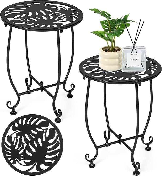 Thyle 2 Pcs Outdoor Side Table with Flower Cutout 13" Metal Small Round Weather Resistant Patio Side Tables for Outside, Balcony, Porch, Garden Bistro Indoor Outdoor Yard(Monstera Leaf)