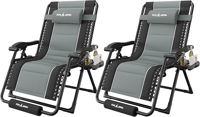 Amopatio Zero Gravity Reclining Patio Chairs Set of 2 XXL Foldable Lounge Chair with Removable Cup Holder/Headrest/Footrest 500LBS Capacity Portable for Outdoor Patio Pool Backyard,Black-Gray
