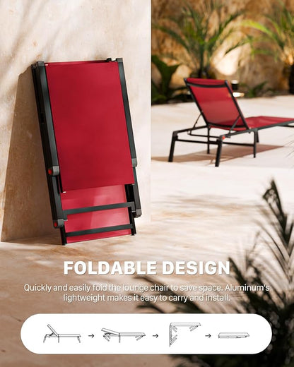 Aluminum Chaise Foldable Patio Lounge Chair Outdoor, Metal Deck Lounger Adjustable 5-Position Recliner Pool Chase Breathable Full Flat Outside Sun Tanning Chairs for Beach/Poolside/Lawn(Red, 2 Pack)