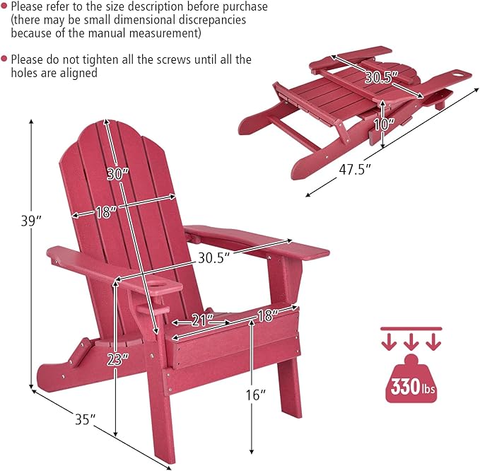 Tangkula Outdoor Folding Adirondack Chair, HDPE Armchairs with Cup Holder, Weather Resistant Lounger Chair for Patio Garden Fire Pit Backyard, Lawn Porch Seating, Adirondack Lounger (2, Red)