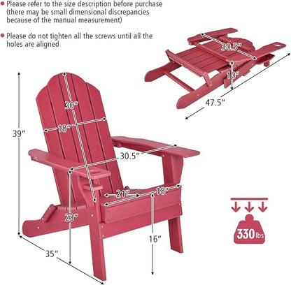 Tangkula Outdoor Folding Adirondack Chair, HDPE Armchairs with Cup Holder, Weather Resistant Lounger Chair for Patio Garden Fire Pit Backyard, Lawn Porch Seating, Adirondack Lounger (2, Red)