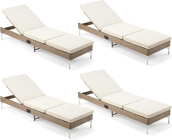 HOMREST Outdoor Chaise Lounge Chair Set of 4, Patio Wicker Lounge Chairs with Adjustable Backrest - Photo 1
