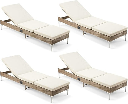 HOMREST Outdoor Chaise Lounge Chair Set of 4, Patio Wicker Lounge Chairs with Adjustable Backrest, Rattan Pool Sunbathing Chaiser with Removable Cushion (Khaki)