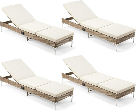 HOMREST Outdoor Chaise Lounge Chair Set of 4, Patio Wicker Lounge Chairs with Adjustable Backrest, Rattan Pool Sunbathing Chaiser with Removable Cushion (Khaki)
