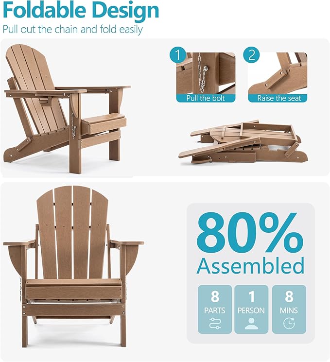 Folding Outdoor Adirondack Chairs Set of 1 with HDPE Side Tables-Plastic Weather Resistant Patio Chairs with Small Outdoor Side Tables 2 Storage for Patio,Fire Pit, Garden and Backyard
