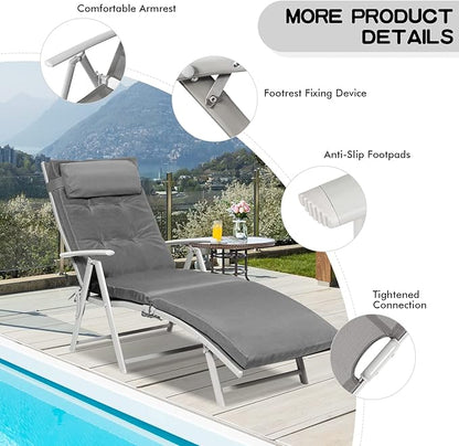 Giantex Chaise Lounge Chair for Outside, Pool Folding Reclining Beach Chair W/Removable Cushion&Headrest Pillow, Outdoor Lounge Chaise w/ 7 Backrest Positions, Portable Patio Lounger (2, Grey)