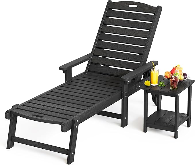 LUE BONA HDPS Chaise Lounge Chair with Table, 2-Piece,Outdoor Pool Lounge Chairs with Adjustable Backrest, Resin Patio Lounge Chairs with Wheels for Outside, Poolside, Black