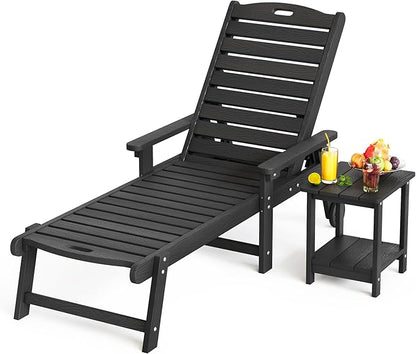 LUE BONA HDPS Chaise Lounge Chair with Table, 2-Piece,Outdoor Pool Lounge Chairs with Adjustable Backrest, Resin Patio Lounge Chairs with Wheels for Outside, Poolside, Black