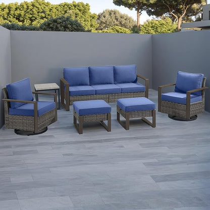Rilyson Outdoor Wicker Patio Furniture Set - 6 Piece Patio Conversation Set with 2 Wicker Swivel Rocker Chairs,2 Rattan Ottoman,1 Side Table and 1 Couch,Thick Cushions,Deep Seating(Mixed Grey/Blue)