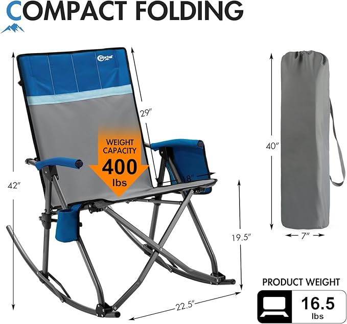 Portal Oversized Folding Rocking Camping Chair Portable Outdoor Rocker with High Back Hard Armrests Carry Bag, Supports 400 lbs, Padded Back, Grey&Blue