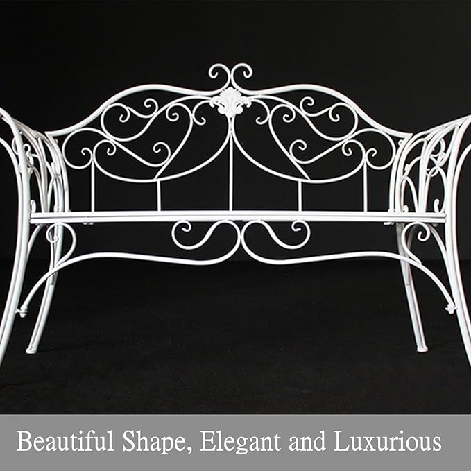 Retro Outdoor Bench Rustic Metal Garden Bench 2 People Outdoor Bench Garden Bench Front Porch Furniture Patio Lawn Yard Park, Indoor and Ourdoor Decor(White)