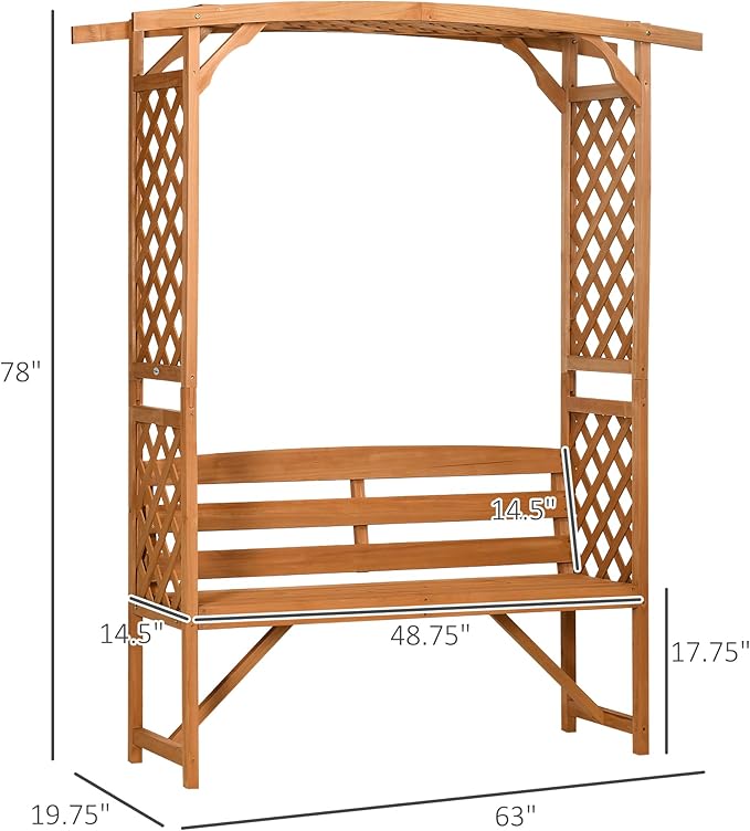 Outsunny Patio Garden Bench Arbor Arch with Pergola and 2 Trellises, 3 Seat Natural Wooden Outdoor Bench for Grape Vines & Climbing Plants, Backyard Decor, Brown