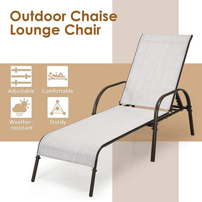 Tangkula Outdoor Lounge Chairs Set of 2, Patio Chaise Lounge with Adjustable Backrest, Reclining Pool Lounge Chairs for Outside with Heavy Duty Steel Frame, Suitable for Beach, Yard, Balcony, Poolside
