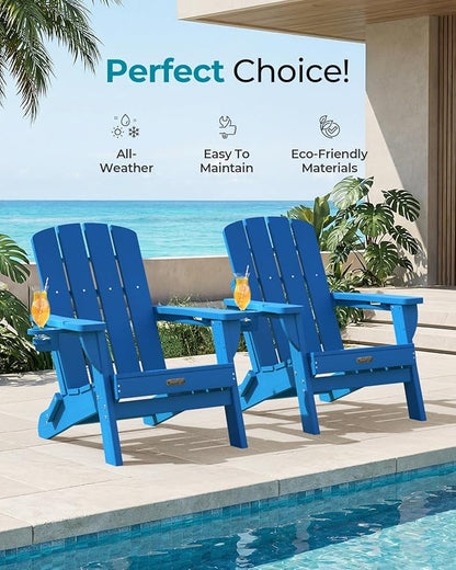 Folding Adirondack Chair, HDPE All-Weather Fire Pit Chairs, Plastic Adirondack Chairs with 2 Cup Holder, Outdoor Lawn Chair for Patio Garden (Royal Blue)