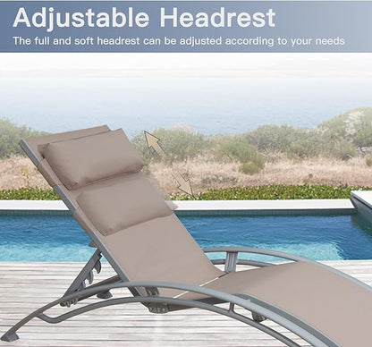 Domi Lounge Chair Set of 3, Aluminum Lounge Chairs for Outside with 5 Adjustable Positions, Chaise Lounge Outdoor for Pool, Garden, Beach, 2 Pool Chairs and 1 Side Table(Khaki)