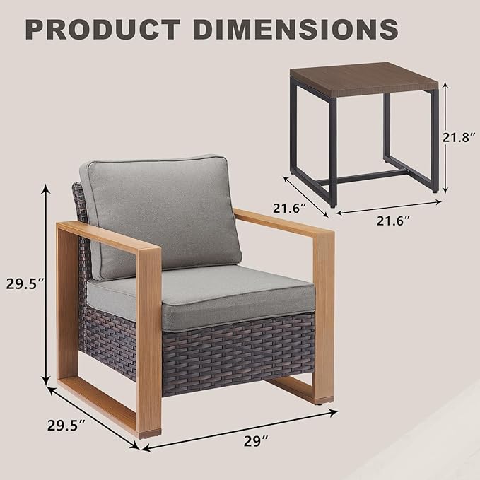 Rilyson 3 Piece Wicker Patio Furniture Set,Patio Bistro Set with 2 Rattan Armrest Chairs and 1 Side Table,Sturdy Frame,All-Weather PE Wicker,Wide Armrest,Deep Seating and Thick Cushions(Brown/Grey)