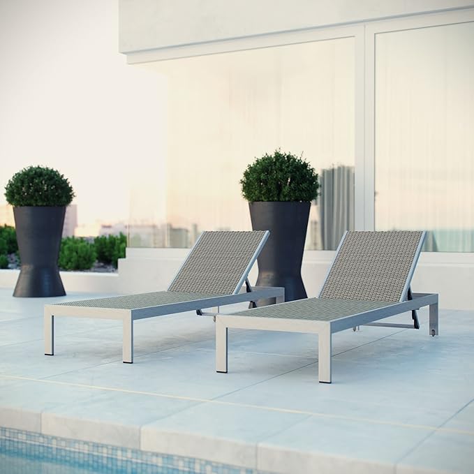 Modway Shore Aluminum Wicker Rattan Outdoor Patio Two Poolside Chaise Lounge Chairs in Silver Gray