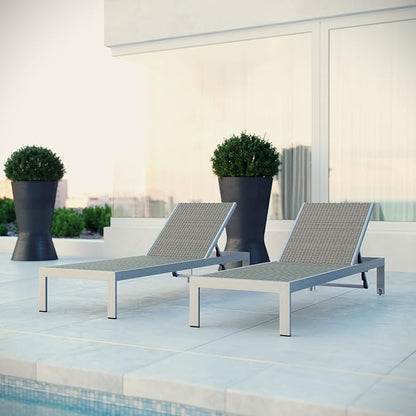 Modway Shore Aluminum Wicker Rattan Outdoor Patio Two Poolside Chaise Lounge Chairs in Silver Gray