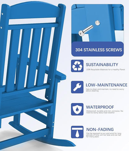 FOOWIN Outdoor Rocking Chair Set of 2, High Back Patio Rocking Chair, HDPE All Weather Resistant Porch Rocker for Adult, Oversized Rocking Chairs for Garden, Lawn, Indoor & Outdoor Use, Pacific Blue