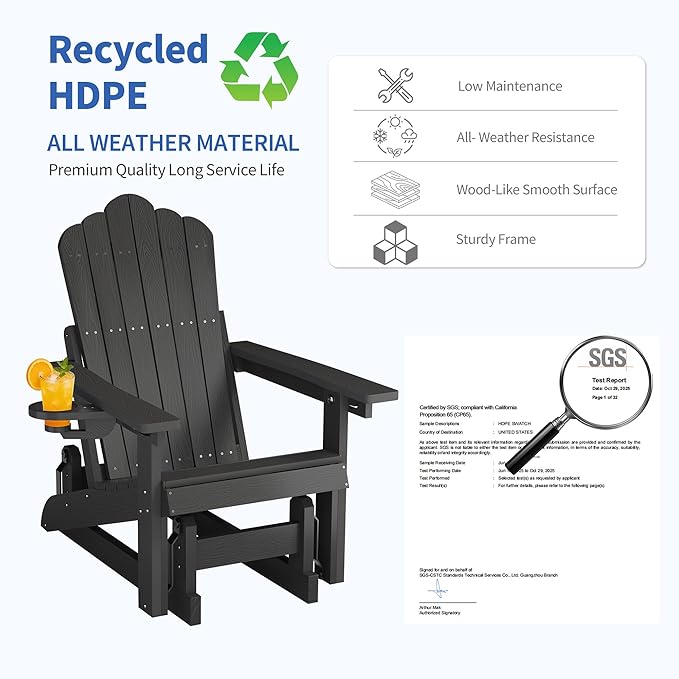 HDPE Outdoor Glider Chair Set of 2,3-Position Adjustable Backrest Patio Glider, All-Weather Glider Rocker Chair with Cup Holders,Porch Glider for Outside,Fire Pit, Poolside,400LBS Capacity (Black)