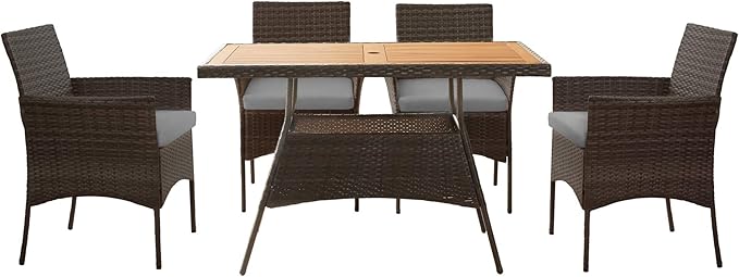 Teamson Home Outdoor PE Rattan Dining Set for Four, Removable Water-Resistant Cushions, Acadia Wood-Slated Table Top for Patios, Decks, Gardens, Poolside, or Sunrooms, Brown and Gray