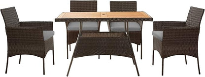 Teamson Home Outdoor PE Rattan Dining Set for Four, Removable Water-Resistant Cushions, Acadia Wood-Slated Table Top for Patios, Decks, Gardens, Poolside, or Sunrooms, Brown and Gray