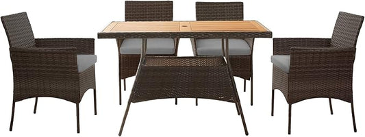 Teamson Home Outdoor PE Rattan Dining Set for Four, Removable Water-Resistant Cushions, Acadia Wood-Slated Table Top for Patios, Decks, Gardens, Poolside, or Sunrooms, Brown and Gray