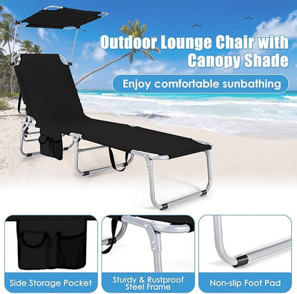 COSTWAY Set of 2 Tanning Chairs with Canopy, Foldable Chaise Lounge with Adjustable Backrest & Side Pocket, Beach Lounge Chair for Seaside, Pool, Patio (Black)