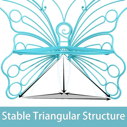 Pink Butterfly Benches Outdoors, Pretty Garden Bench & Cute Metal Outside Bench, Front Porch Benches Outdoor with Sturdy Frame for Lawn Yard Balcony (Blue)