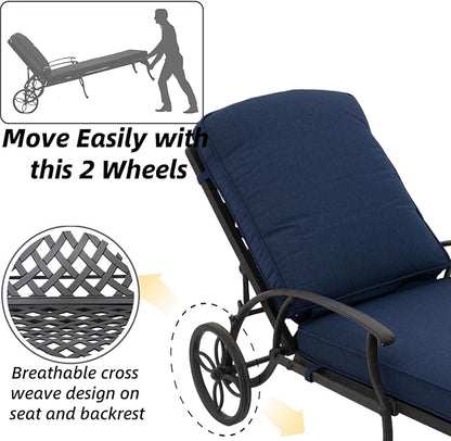 Chaise Lounge Outdoor Chair with Side Table, Adjustable Reclining Rust-Resistant Aluminum Cast Poolside Chaise with Convenient Wheels, Outdoor Lounge Furniture Set of 3, (Denim Blue)