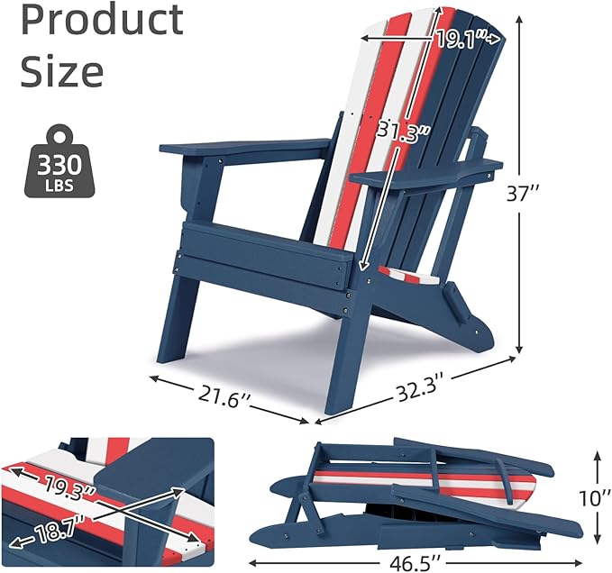 Aoodor Folding Adirondack Chair HDPE Outdoor All-Weather Chair for Patio, Garden, Backyard, Lawn, Fire Pit, Set of 4, Red&White&Blue